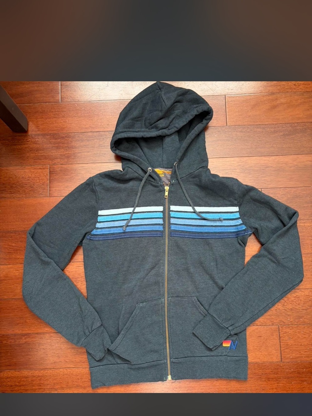 Zip-Up Hoodie with Blue Stripe Accents - Dark Gray